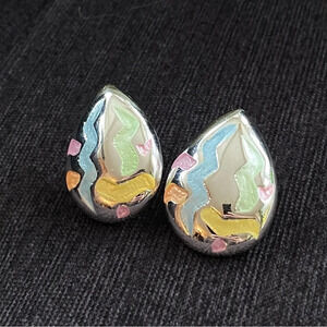 80s Tear drop Silver Tone Fun Pastel Geometric Shape Earrings